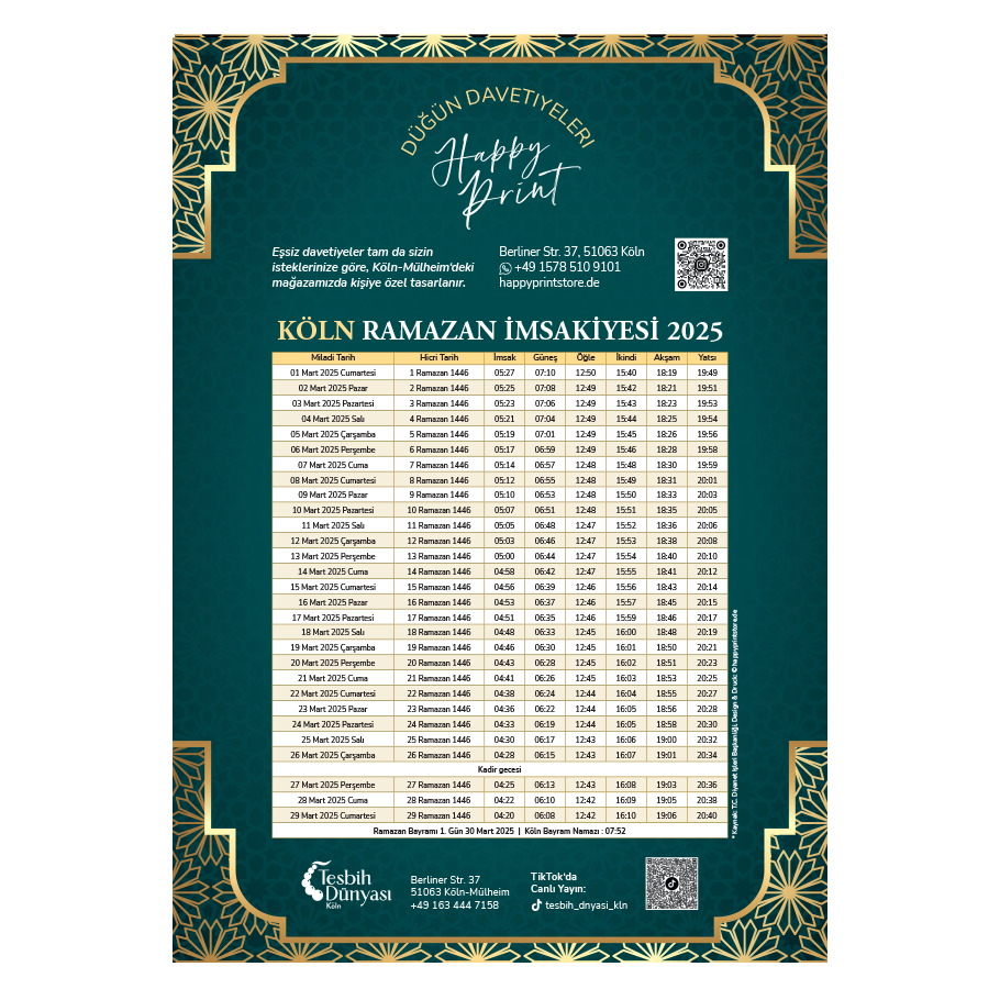 Personalisierter İmsakiye-Kalender Einzelhandel