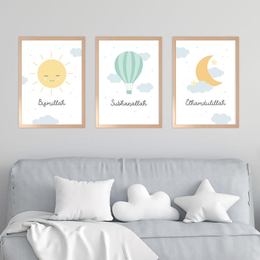 Poster Set A3 „Sonne, Mond & Heißluftballon Grün“