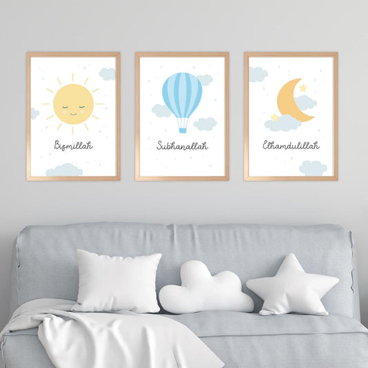Poster Set A3 „Sonne, Mond & Heißluftballon Blau“