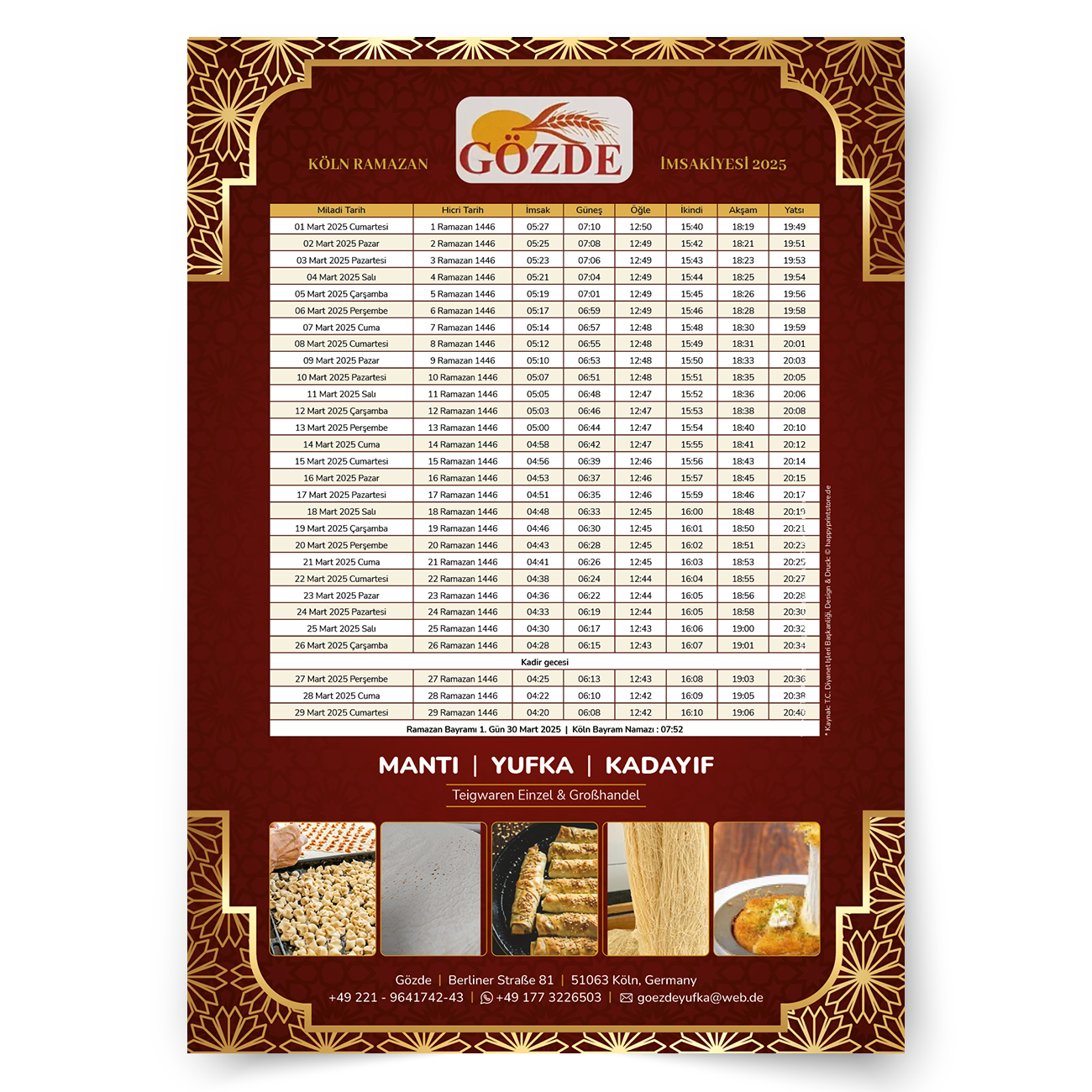 Personalisierter İmsakiye-Kalender Bäckerei